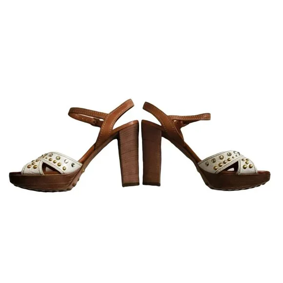 Car Shoe Studded Ankle Strap Block Heel Sandals White/Brown Women's 40/US 10 - Picture 7 of 12